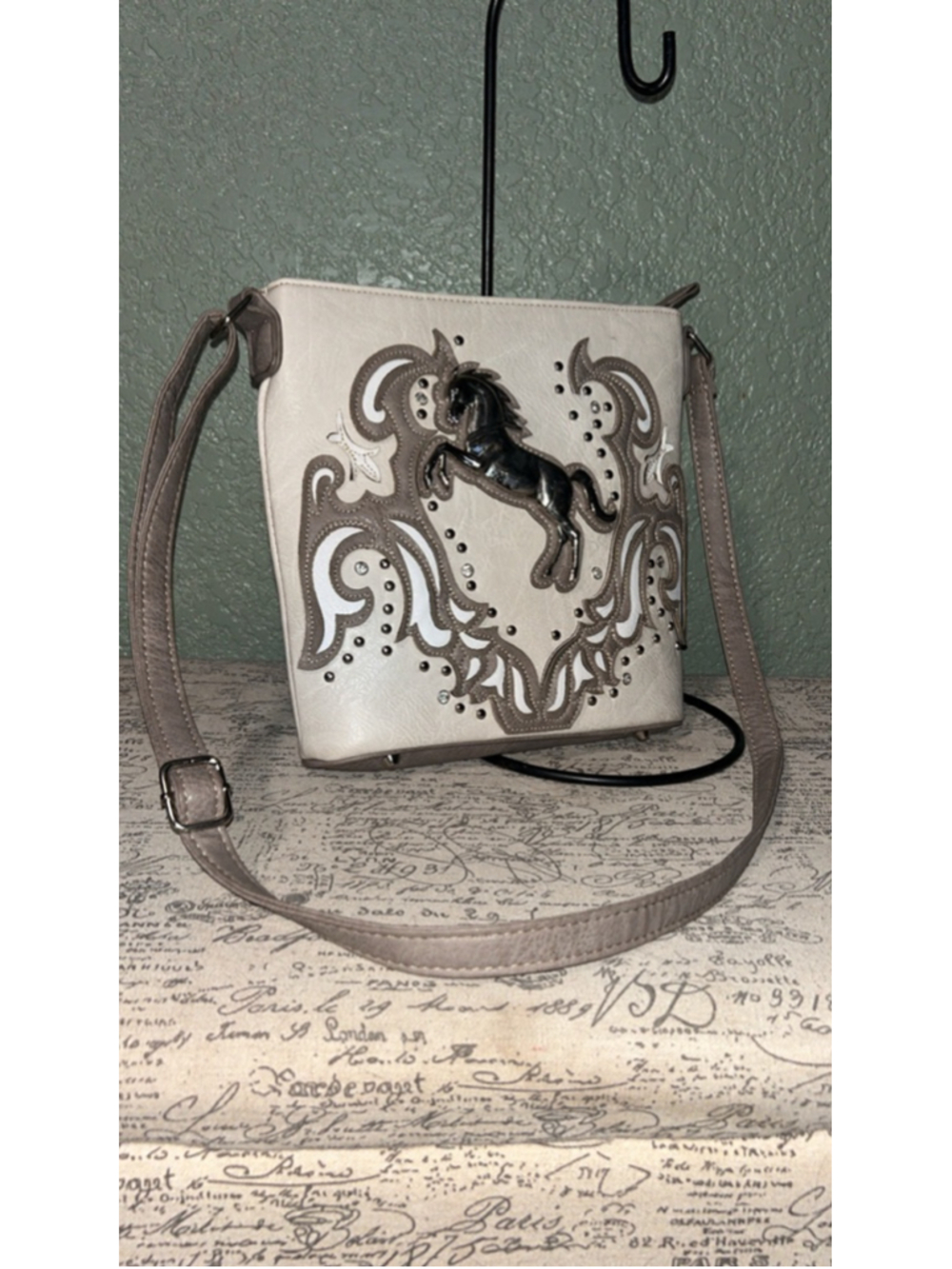 Conceal Carry Beige Brown Horse Embellished crossbody bag